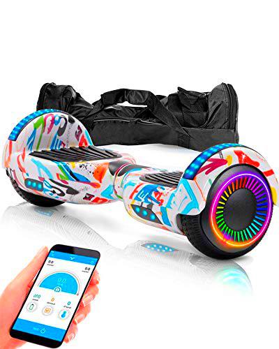 ACBK - Hoverboard Patinete Eléctrico Autoequilibrio con Ruedas de 6.5" Control por App y Bolsa Transporte (Altavoces Bluetooth + Ruedas Led) Velocidad máxima: 10-12 km/h (Graffiti)